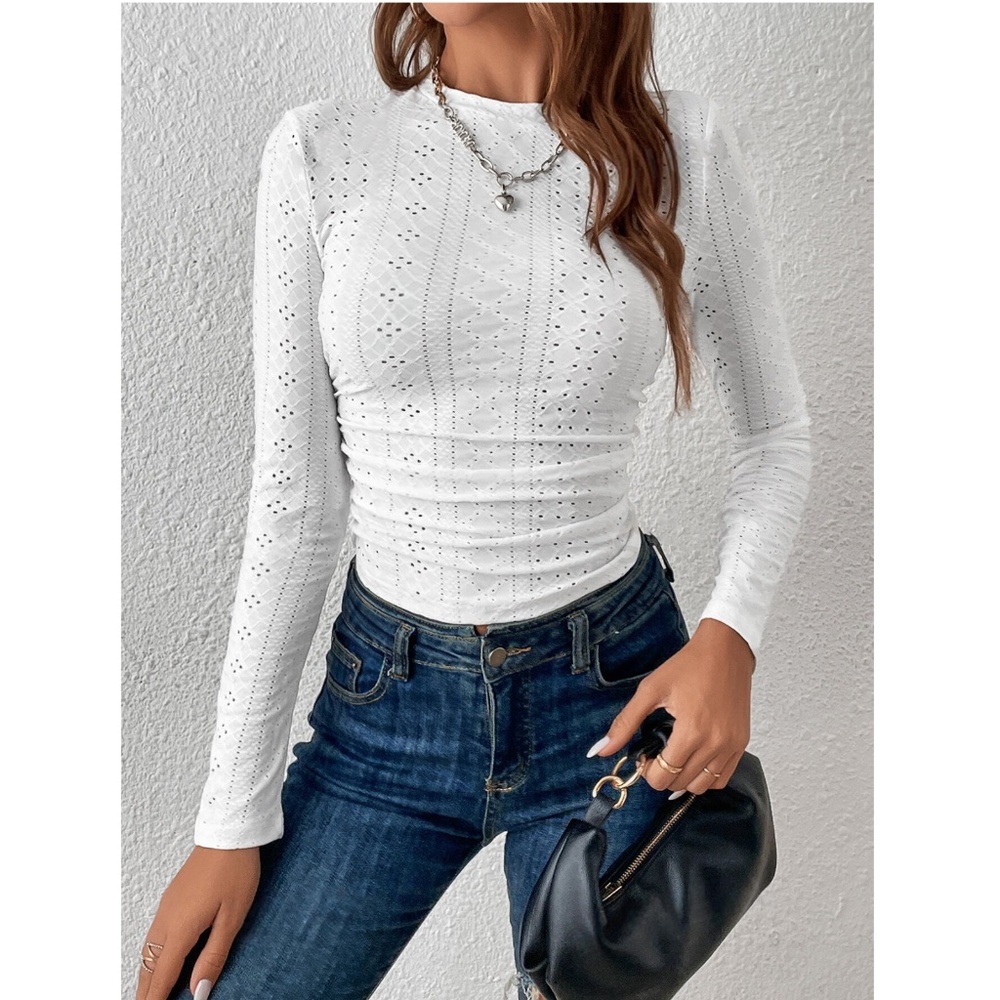 White Eyelet Ruched Long Sleeve Tee Shirt Top - Picture 2 of 8